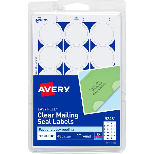 Avery® Avery Printable Mailing Seals, Clear, 1" Diameter, 480 Labels (5248) - Glossy - 480 / Pack - Permanent Adhesive, Laminated, Acid-free, Moisture Resistant, Water Resistant - Clear
