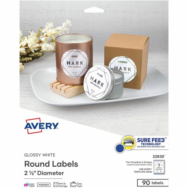 Avery® Circle Labels - Sure Feed Technology - - Width2 1/2" Diameter - Permanent Adhesive - Round - Laser, Inkjet - Bright White - Paper - 9 / Sheet - 10 Total Sheets - 90 Total Label(s) - 90 / Pack