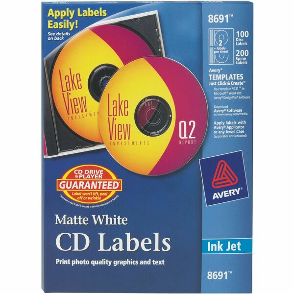 Avery® Clear CD/DVD Inkjet Matte Labels - Matte White - 300 Total Label(s) - 100 / Pack