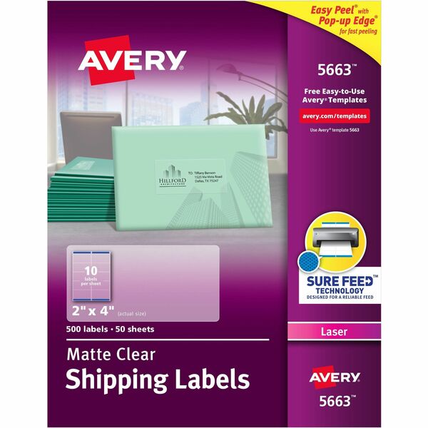 Avery® Clear Shipping Labels, Sure Feed, 2" x 4" , 500 Labels (5663) - 2" Width x 4" Length - Permanent Adhesive - Rectangle - Laser - Clear - Film - 10 / Sheet - 50 Total Sheets - 500 Total Label(s) - 500 / Box - Permanent Adhesive, Jam Resistant, Easy Peel, Pop Up Edge, Chlorine-free, PVC-free