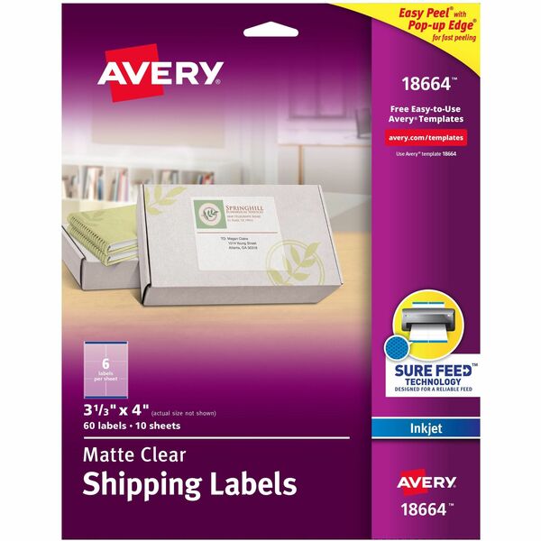 Avery® Clear Shipping Labels, Sure Feed, 3-1/3" x 4" , 60 Labels (18664) - 3 21/64" Width x 4" Length - Permanent Adhesive - Rectangle - Inkjet - Clear - Film - 6 / Sheet - 10 Total Sheets - 60 Total Label(s) - 5 - Permanent Adhesive, Jam Resistant, Easy Peel, Pop Up Edge