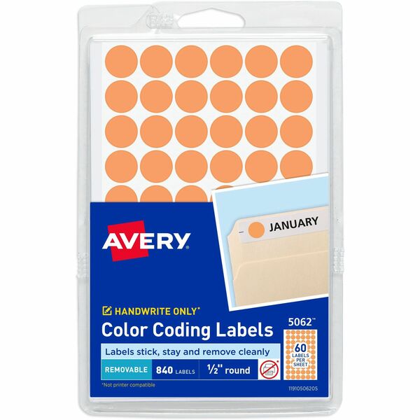 Avery® Color-Coding Labels - - Height1/2" Diameter - Removable Adhesive - Round - Orange - Paper - 60 / Sheet - 840 / Pack - Self-adhesive