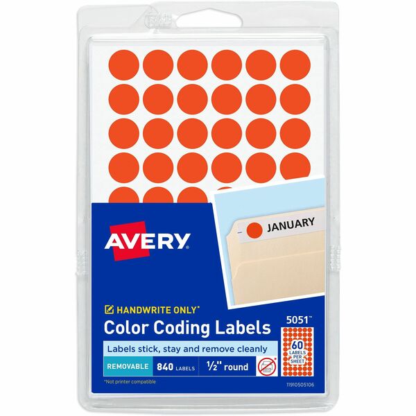 Avery® Color-Coding Labels - - Height1/2" Diameter - Removable Adhesive - Round - Red - Paper - 60 / Sheet - 840 / Pack - Self-adhesive