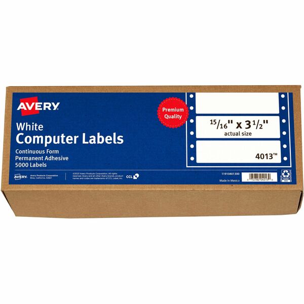 Avery® Continuous Form Computer Labels - 15/16" Width x 3 1/2" Length - Permanent Adhesive - Rectangle - Dot Matrix - White - 1 / Sheet - 5000 Total Label(s) - 5000 / Box
