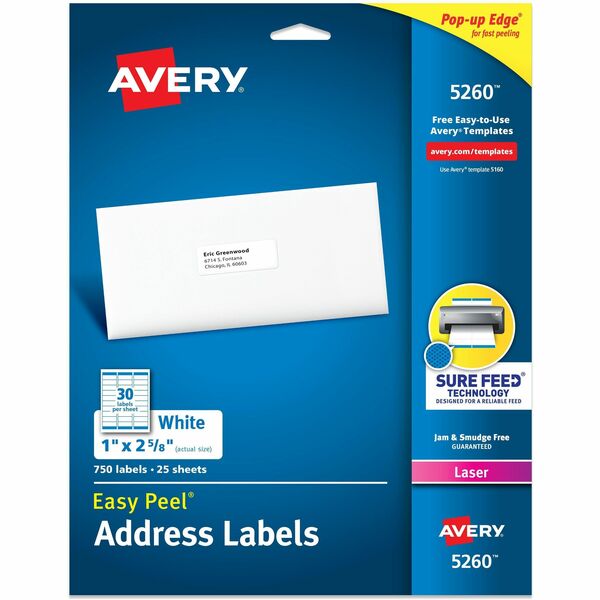 Avery® Easy Peel Address Labels - 1" Width x 2 5/8" Length - Permanent Adhesive - Rectangle - Laser - White - Paper - 30 / Sheet - 25 Total Sheets - 750 Total Label(s) - 750 / Pack