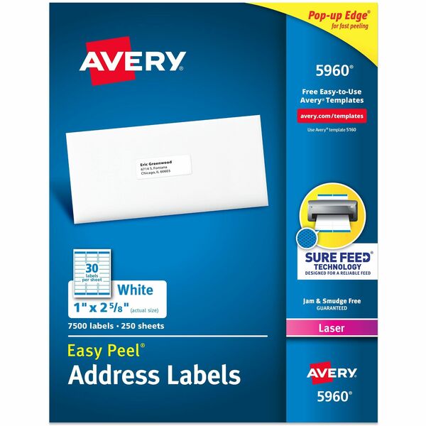 Avery® Easy Peel Address Labels - 1" Width x 2 5/8" Length - Permanent Adhesive - Rectangle - Laser - White - Paper - 30 / Sheet - 250 Total Sheets - 7500 Total Label(s) - 7500 / Box