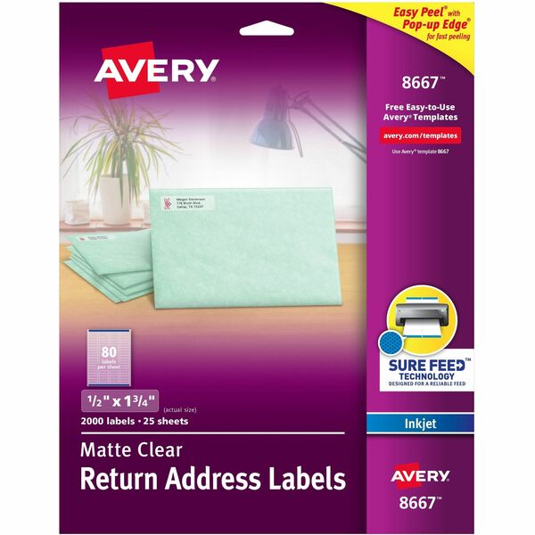 Avery® Easy Peel Inkjet Printer Mailing Labels - 1/2" Width x 1 3/4" Length - Permanent Adhesive - Rectangle - Inkjet - Clear - Film - 80 / Sheet - 25 Total Sheets - 2000 Total Label(s) - 5
