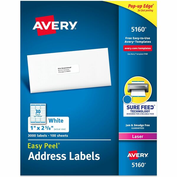 Avery® Easy Peel® Address Labels with Sure Feed™ Technology - 1" Width x 2 5/8" Length - Permanent Adhesive - Rectangle - Laser - White - Paper - 30 / Sheet - 100 Total Sheets - 3000 Total Label(s) - 3000 / Box