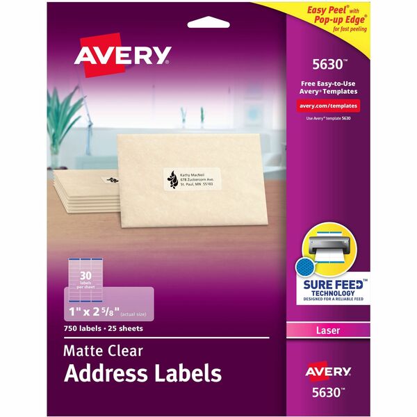 Avery® Easy Peel Return Address Labels - 1" Width x 2 5/8" Length - Permanent Adhesive - Rectangle - Laser - Clear - Film - 30 / Sheet - 25 Total Sheets - 750 Total Label(s) - 750 / Box