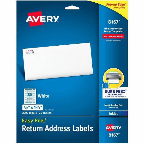 Avery® Easy Peel White Inkjet Mailing Labels - 1 3/4" Width x 1/2" Length - Permanent Adhesive - Rectangle - Inkjet - White - Paper - 80 / Sheet - 25 Total Sheets - 2000 Total Label(s) - 5