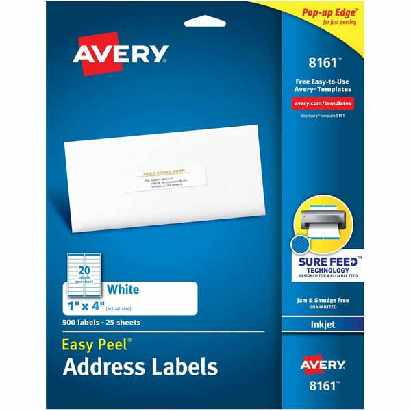 Avery® Easy Peel White Inkjet Mailing Labels - 1" Width x 4" Length - Permanent Adhesive - Rectangle - Inkjet - White - Paper - 20 / Sheet - 25 Total Sheets - 500 Total Label(s) - 500 / Pack