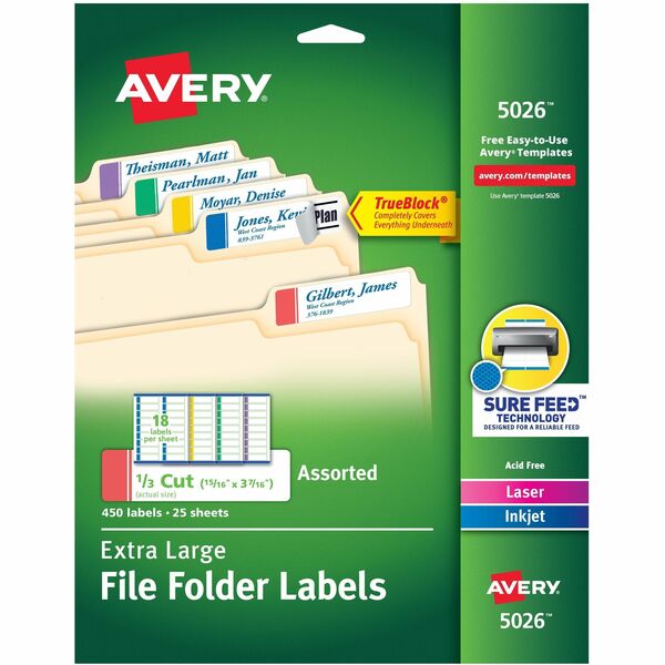 Avery® Extra-Large File Folder Labels - 15/16" Width x 3 7/16" Length - Permanent Adhesive - Rectangle - Laser, Inkjet - Blue, Green, Purple, Red, Yellow - Paper - 18 / Sheet - 25 Total Sheets - 450 Total Label(s) - 450 / Pack
