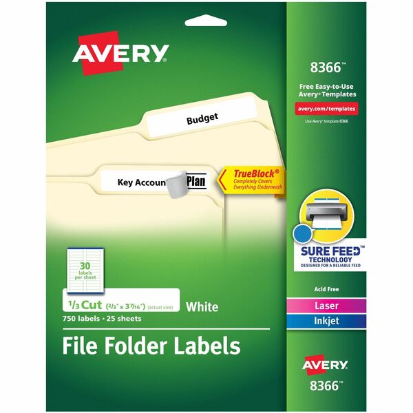 Avery® File Folder Labels - Permanent Adhesive - Rectangle - Laser, Inkjet - White - Paper - 30 / Sheet - 25 Total Sheets - 750 Total Label(s) - 750 / Pack
