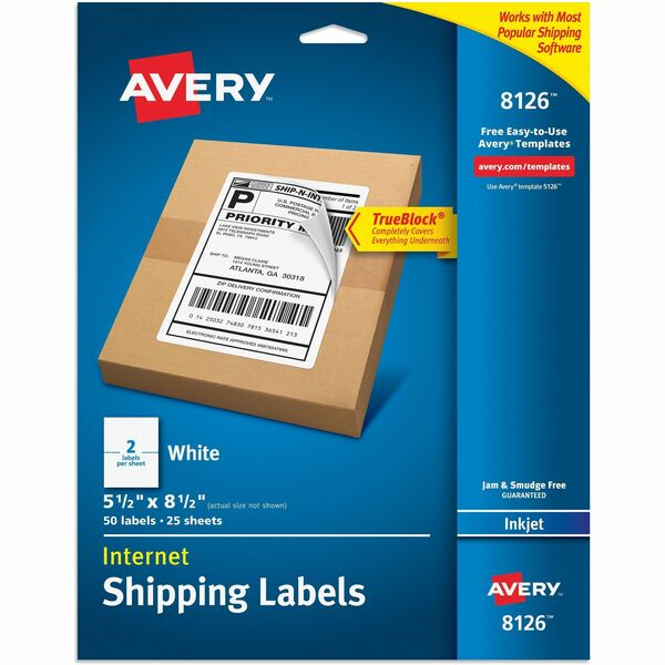 Avery® Internet Shipping Labels, 5-1/2" x 8-1/2" , 20 Labels (18126) - 5 1/2" Width x 8 1/2" Length - Permanent Adhesive - Rectangle - Inkjet - White - Paper - 2 / Sheet - 25 Total Sheets - 50 Total Label(s) - 50 / Pack - Permanent Adhesive, Jam Resistant, Smudge Resistant, Customizable, Stick & Stay