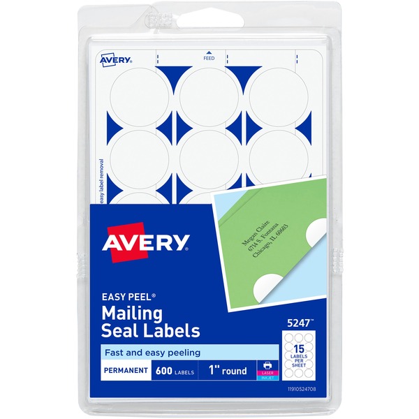 Avery® Mailing Seals, Permanent, 1" Diameter, 600 Labels (5247) - Matte - 600 / Pack - Permanent Adhesive, Laminated, Moisture Resistant, Water Resistant - White