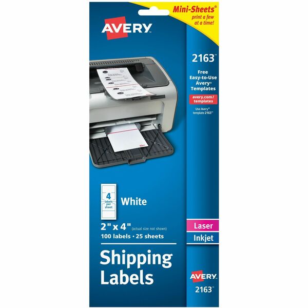 Avery® Mini-Sheets Shipping Label - 2" Width x 4" Length - Permanent Adhesive - Rectangle - Laser, Inkjet - White - Paper - 4 / Sheet - 25 Total Sheets - 100 Total Label(s) - 1
