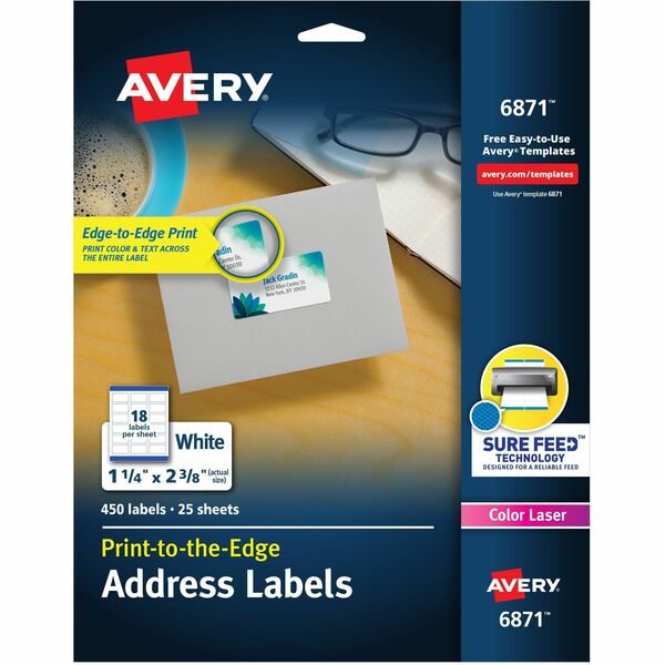 Avery® Print-to-the-Edge Shipping Labels - 1 1/4" Width x 2 3/8" Length - Permanent Adhesive - Rectangle - Laser - White - Paper - 18 / Sheet - 25 Total Sheets - 450 Total Label(s) - 450 / Pack