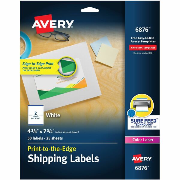 Avery® Print to the Edge Shipping Labels, 4-3/4" x 7-3/4" , 50 Labels (6876) - 4 3/4" Width x 7 3/4" Length - Permanent Adhesive - Rectangle - Laser - White - Paper - 2 / Sheet - 25 Total Sheets - 50 Total Label(s) - 50 / Pack - Print-to-the Edge, Permanent Adhesive, Jam Resistant, Customizable