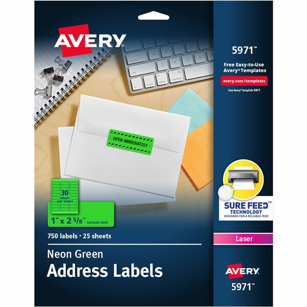 Avery® Shipping Labels - 1" Width x 2 5/8" Length - Permanent Adhesive - Rectangle - Laser - Neon Green - Paper - 30 / Sheet - 25 Total Sheets - 750 Total Label(s) - 750 / Pack