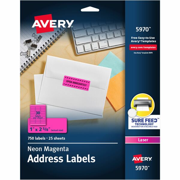 Avery® Shipping Labels - 1" Width x 2 5/8" Length - Permanent Adhesive - Rectangle - Laser - Neon Magenta - Paper - 30 / Sheet - 25 Total Sheets - 750 Total Label(s) - 750 / Pack