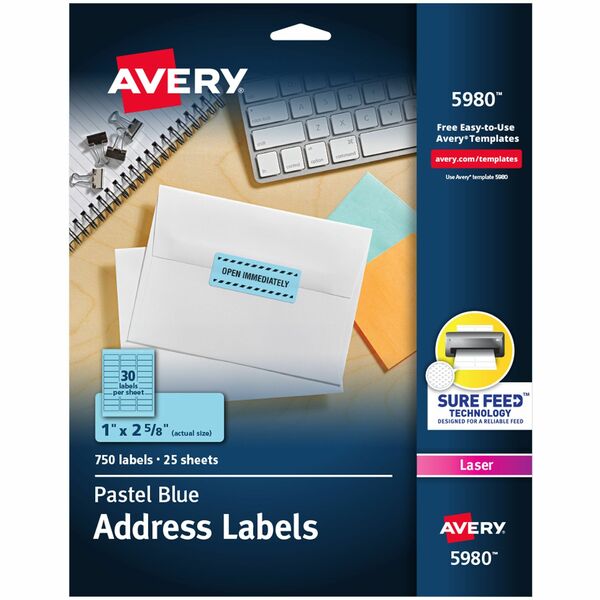 Avery® Shipping Labels - 1" Width x 2 5/8" Length - Permanent Adhesive - Rectangle - Laser - Pastel Blue - Paper - 30 / Sheet - 25 Total Sheets - 750 Total Label(s) - 750 / Pack