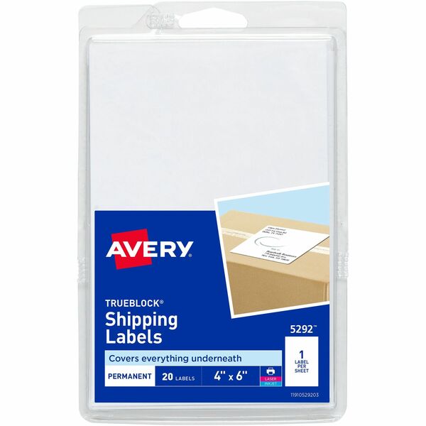 Avery® Shipping Labels, Permanent Adhesive, 4" x 6" , 20 Labels (5292) - 4" Width x 6" Length - Permanent Adhesive - Rectangle - Laser, Inkjet - White - Paper - 1 / Sheet - 20 Total Sheets - 20 Total Label(s) - 3 - Permanent Adhesive, Customizable, Smudge-free, Jam-free