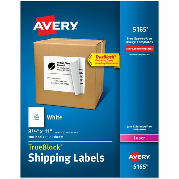 Avery® Shipping Labels, Permanent Adhesive, 8-1/2" x 11" , 100 Labels (5165) - 8 1/2" Width x 11" Length - Permanent Adhesive - Laser - White - Paper - 1 / Sheet - 100 Total Sheets - 100 Total Label(s) - 100 / Box - Permanent Adhesive, Customizable, Jam Resistant, Smudge-free
