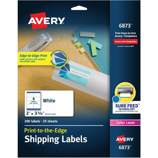 Avery® Shipping Labels, Sure Feed, 2" x 3-3/4" , 200 Labels (6873) - 2" Width x 3 3/4" Length - Permanent Adhesive - Rectangle - Laser - White - Paper - 8 / Sheet - 25 Total Sheets - 200 Total Label(s) - 5 - Print-to-the Edge, Permanent Adhesive, Jam Resistant, Bleed Resistant, Customizable, Stick & Stay