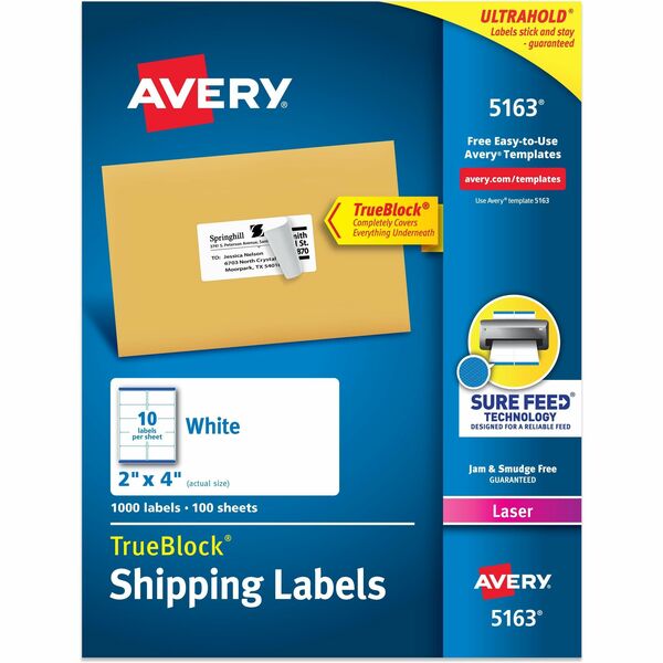 Avery® Shipping Labels, Sure Feed, 2" x 4" 1,000 White Labels (5163) - 2" Width x 4" Length - Permanent Adhesive - Rectangle - Laser - White - Paper - 10 / Sheet - 100 Total Sheets - 1000 Total Label(s) - 1000 / Box - Permanent Adhesive, Jam Resistant, Customizable