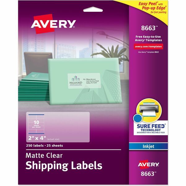 Avery® Shipping Labels, Sure Feed, 2" x 4" , 100 Clear Labels (18663) - 2" Width x 4" Length - Permanent Adhesive - Rectangle - Inkjet - Clear - Film - 10 / Sheet - 10 Total Sheets - 100 Total Label(s) - 5 - Permanent Adhesive, Jam Resistant, Easy Peel, Pop Up Edge