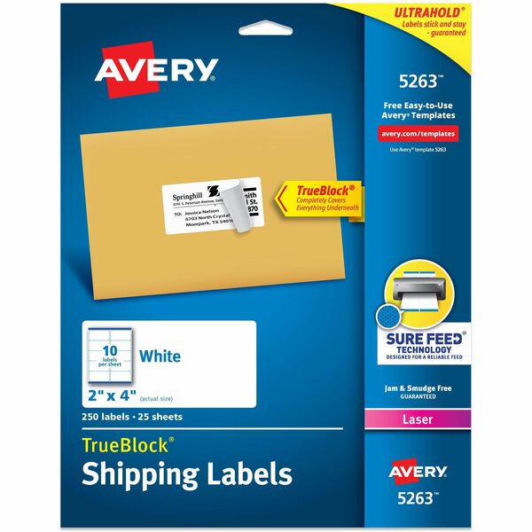 Avery® Shipping Labels, Sure Feed®, 2" x 4" , 250 Labels (5263) - 2" Width x 4" Length - Permanent Adhesive - Rectangle - Laser - White - Paper - 10 / Sheet - 25 Total Sheets - 250 Total Label(s) - 5 - Permanent Adhesive, Jam Resistant, Customizable