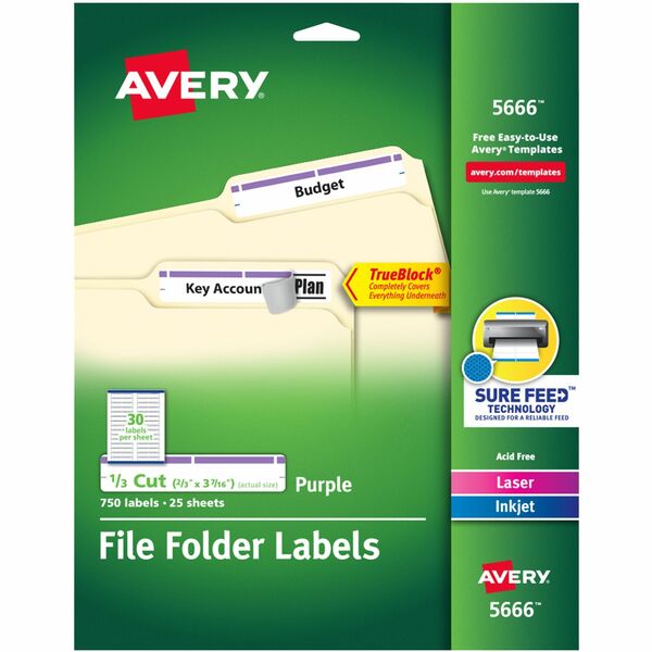Avery® TrueBlock File Folder Labels - Permanent Adhesive - Rectangle - Laser, Inkjet - Purple - Paper - 30 / Sheet - 25 Total Sheets - 750 Total Label(s) - 750 / Pack