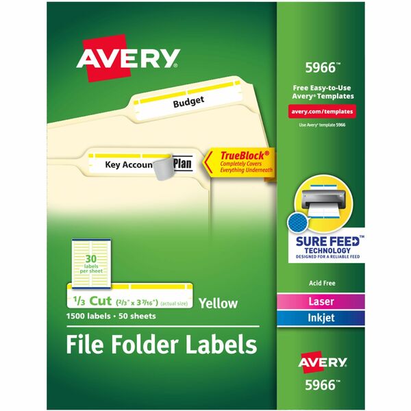 Avery® TrueBlock File Folder Labels - Permanent Adhesive - Rectangle - Laser, Inkjet - Yellow - Paper - 30 / Sheet - 50 Total Sheets - 1500 Total Label(s) - 1500 / Box