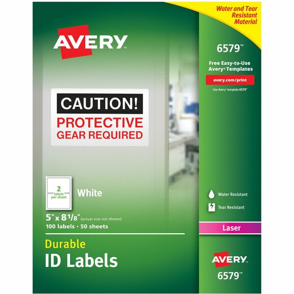 Avery® TrueBlock ID Label - Waterproof - 5" Width x 8 1/8" Length - Permanent Adhesive - Rectangle - Laser - White - Film - 2 / Sheet - 50 Total Sheets - 100 Total Label(s) - 100 / Pack - Water Resistant - Permanent Adhesive, Durable, Heavy Duty, Scuff Resistant, Tear Resistant, Smudge Resistant