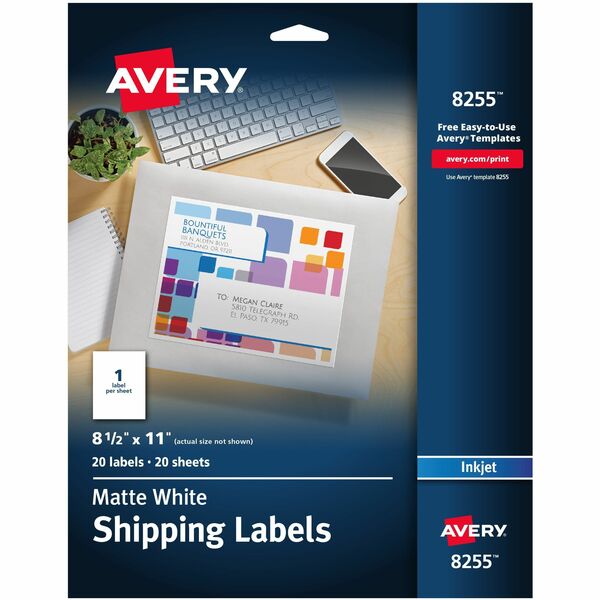 Avery® White Shipping Labels, 8-1/2" x 11" , 20 Labels (8255) - 8 1/2" Width x 11" Length - Permanent Adhesive - Inkjet - White - Paper - 1 / Sheet - 20 Total Sheets - 20 Total Label(s) - 5 - Permanent Adhesive, Customizable