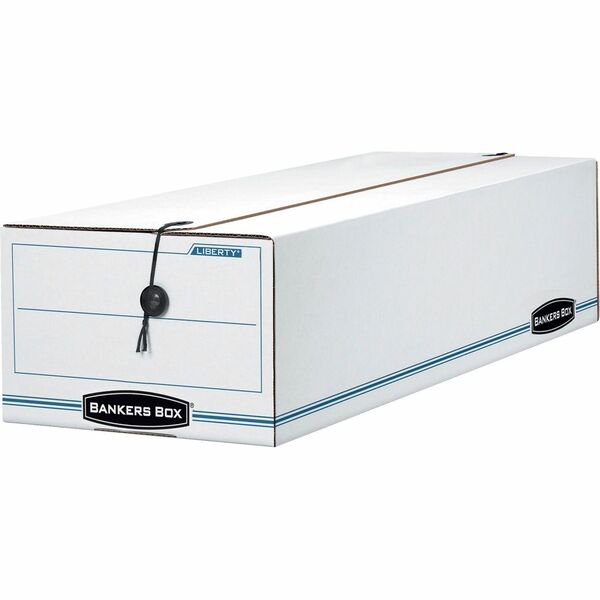 Bankers Box Liberty Check and Form Boxes - Internal Dimensions: 6" Width x 23.25" Depth x 4.25" Height - External Dimensions: 6.3" Width x 24" Depth x 4.5" Height - String/Button Tie Closure - Light Duty - Stackable - Fiberboard - White, Blue - For Card, File - Recycled - 12 / Carton