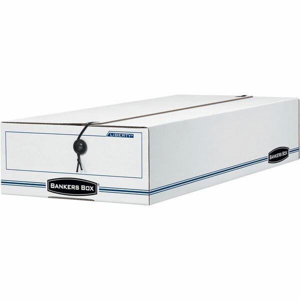 Bankers Box Liberty Check and Form Boxes - Internal Dimensions: 9" Width x 23" Depth x 4" Height - External Dimensions: 9.3" Width x 23.8" Depth x 4.3" Height - String/Button Tie Closure - Light Duty - Stackable - Fiberboard - White, Blue - For Check, Deposit Slip, File - Recycled - 12 / Carton