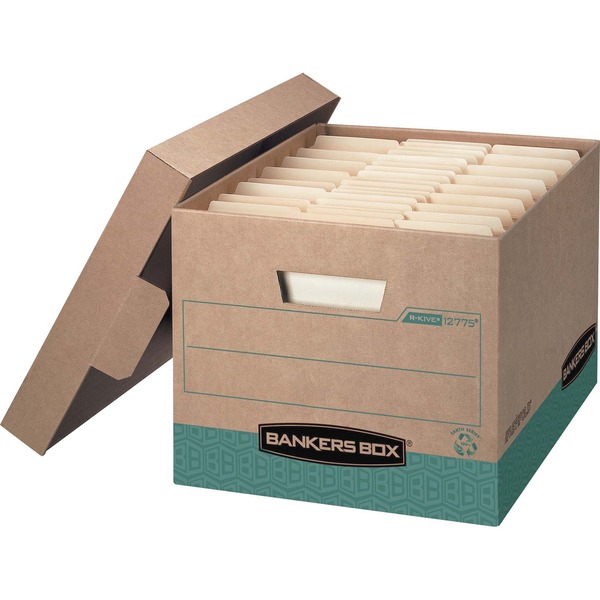 Bankers Box Recycled R-Kive File Storage Box - Internal Dimensions: 12" Width x 15" Depth x 10" Height - External Dimensions: 12.8" Width x 16.5" Depth x 10.4" Height - 800 lb - Media Size Supported: Letter, Legal - Lift-off Closure - Heavy Duty - Stackable - Kraft, Green - For File, Document - Recycled - 12 / Carton