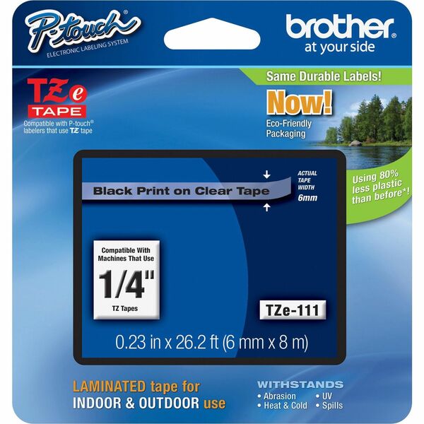 Brother P-touch TZe Laminated Tape Cartridges - 15/64" Width - Rectangle - Clear, Black - 1 Each - Water Resistant - Grease Resistant, Grime Resistant, Temperature Resistant, Sunlight Resistant, Heat Resistant, Cold Resistant, Fade Resistant, Tear Resistant