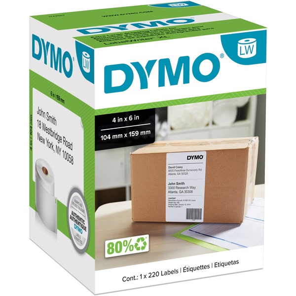 Dymo LabelWriter 4XL Extra Large Shipping Labels - 4" Width x 6" Length - Rectangle - Thermal Transfer - White - 220 / Roll - 1 Roll