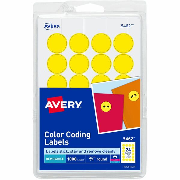 Avery® 3/4" Round Removable Color Coding Labels - - Width3/4" Diameter - Removable Adhesive - Round - Laser, Inkjet - Yellow - Paper - 24 / Sheet - 42 Total Sheets - 1008 Total Label(s) - 1008 / Pack - Removable, Residue-free, Peel & Stick