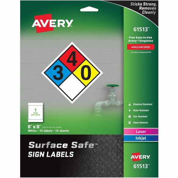 Avery® 8"x8" Removable Label Safety Signs - 8" Width x 8" Length - Removable Adhesive - Rectangle - Laser, Inkjet - White - Film - 1 / Sheet - 15 Total Sheets - 15 Total Label(s) - 5 - Water Resistant