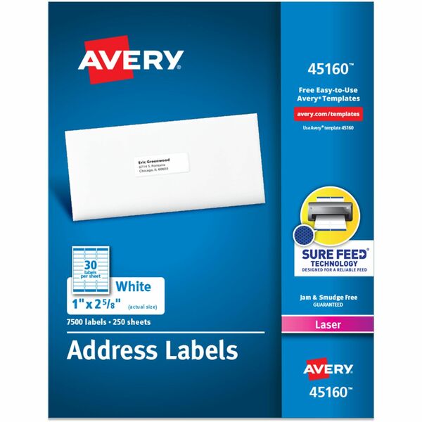 Avery® Address Labels - Sure Feed Technology - 1" Width x 2 5/8" Length - Permanent Adhesive - Rectangle - Laser - White - Paper - 30 / Sheet - 250 Total Sheets - 7500 Total Label(s) - 7500 / Box