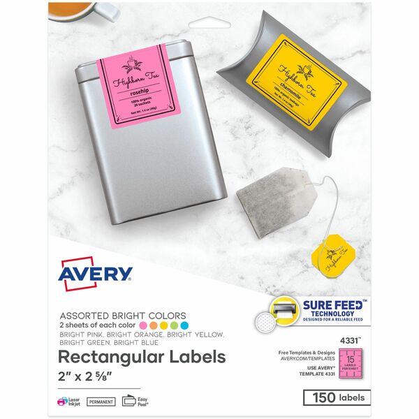 Avery® Easy Peel Multipurpose Label - 2" Width x 2 5/8" Length - Permanent Adhesive - Rectangle - Laser, Inkjet - Solar Yellow, Terra Green, Pulsar Pink, Lunar Blue, Cosmic Orange - Paper - 15 / Sheet - 10 Total Sheets - 150 Total Label(s) - 6