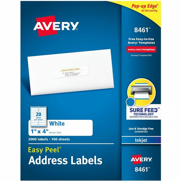Avery® Easy Peel White Inkjet Mailing Labels - 1" Width x 4" Length - Permanent Adhesive - Rectangle - Inkjet - White - Paper - 20 / Sheet - 100 Total Sheets - 2000 Total Label(s) - 2000 / Box