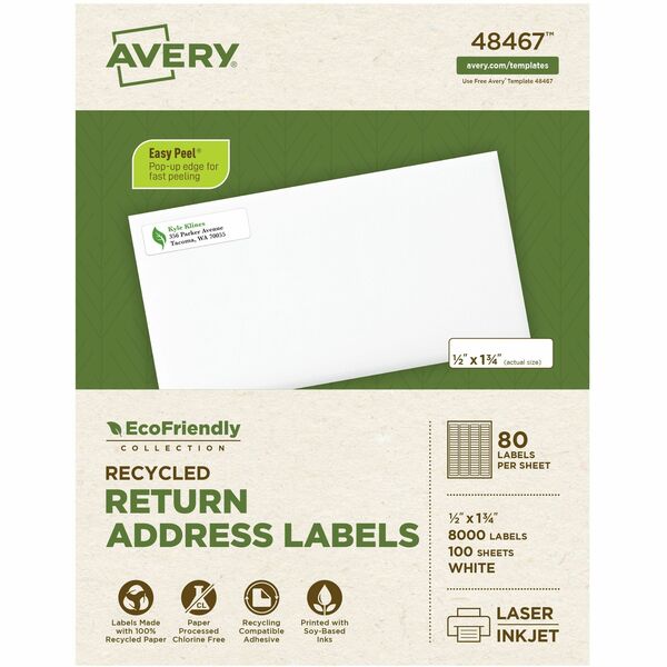 Avery® EcoFriendly Address Label - 1/2" Width x 1 3/4" Length - Permanent Adhesive - Rectangle - Laser, Inkjet - White - Paper - 80 / Sheet - 100 Total Sheets - 8000 Total Label(s) - 8000 / Box