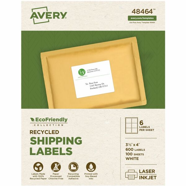 Avery® EcoFriendly Shipping Label - 3 21/64" Width x 4" Length - Permanent Adhesive - Rectangle - Laser, Inkjet - White - Paper - 6 / Sheet - 100 Total Sheets - 600 Total Label(s) - 600 / Box - Recyclable, Permanent Adhesive, Customizable, Chlorine-free, Water Based