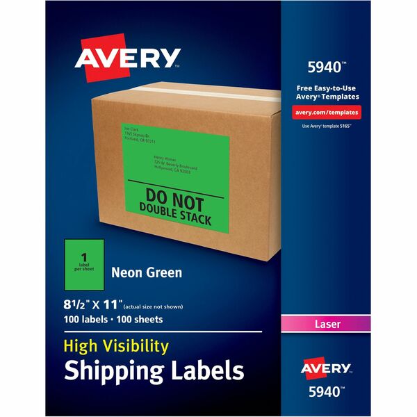 Avery® Neon Shipping Labels, 8-1/2" x 11" , 100 Labels (5940) - 8 1/2" Width x 11" Length - Permanent Adhesive - Rectangle - Laser - Neon Green - Paper - 1 / Sheet - 100 Total Sheets - 100 Total Label(s) - 100 / Box - Permanent Adhesive, Stick & Stay, Smudge Resistant