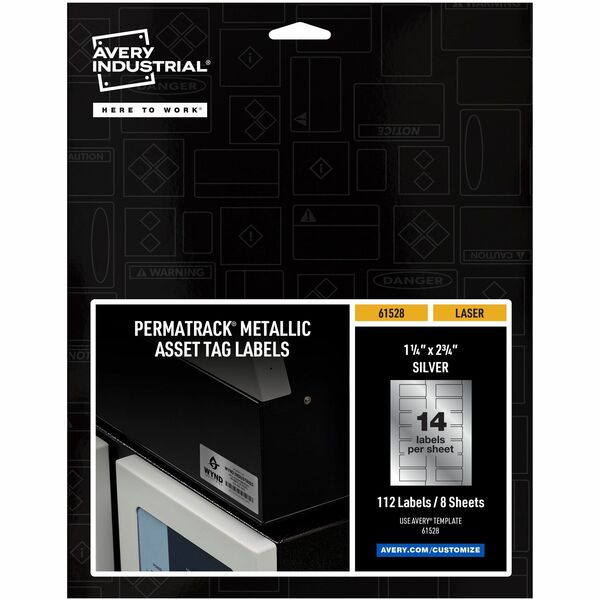 Avery® PermaTrack Metallic Asset Tag Labels, 1-1/4" x 2-3/4" , 112 Asset Tags - Waterproof - 1 1/4" Width x 2 3/4" Length - Permanent Adhesive - Rectangle - Laser - Silver - Film - 14 / Sheet - 8 Total Sheets - 112 Total Label(s) - 5 - PVC-free, Print-to-the Edge, Permanent Adhesive, Chemical Resistant, Abrasion Resistant, Customizable