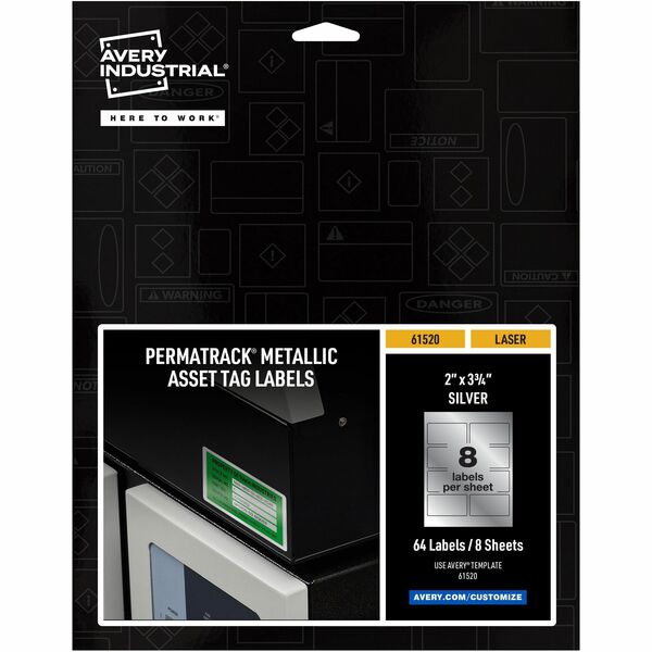 Avery® PermaTrack Metallic Asset Tag Labels, 2" x 3-3/4" , 64 Asset Tags - Waterproof - 2" Width x 3 3/4" Length - Permanent Adhesive - Rectangle - Laser - Silver - Film - 8 / Sheet - 8 Total Sheets - 64 Total Label(s) - 5 - PVC-free, Print-to-the Edge, Permanent Adhesive, Chemical Resistant, Abrasion Resistant, Customizable